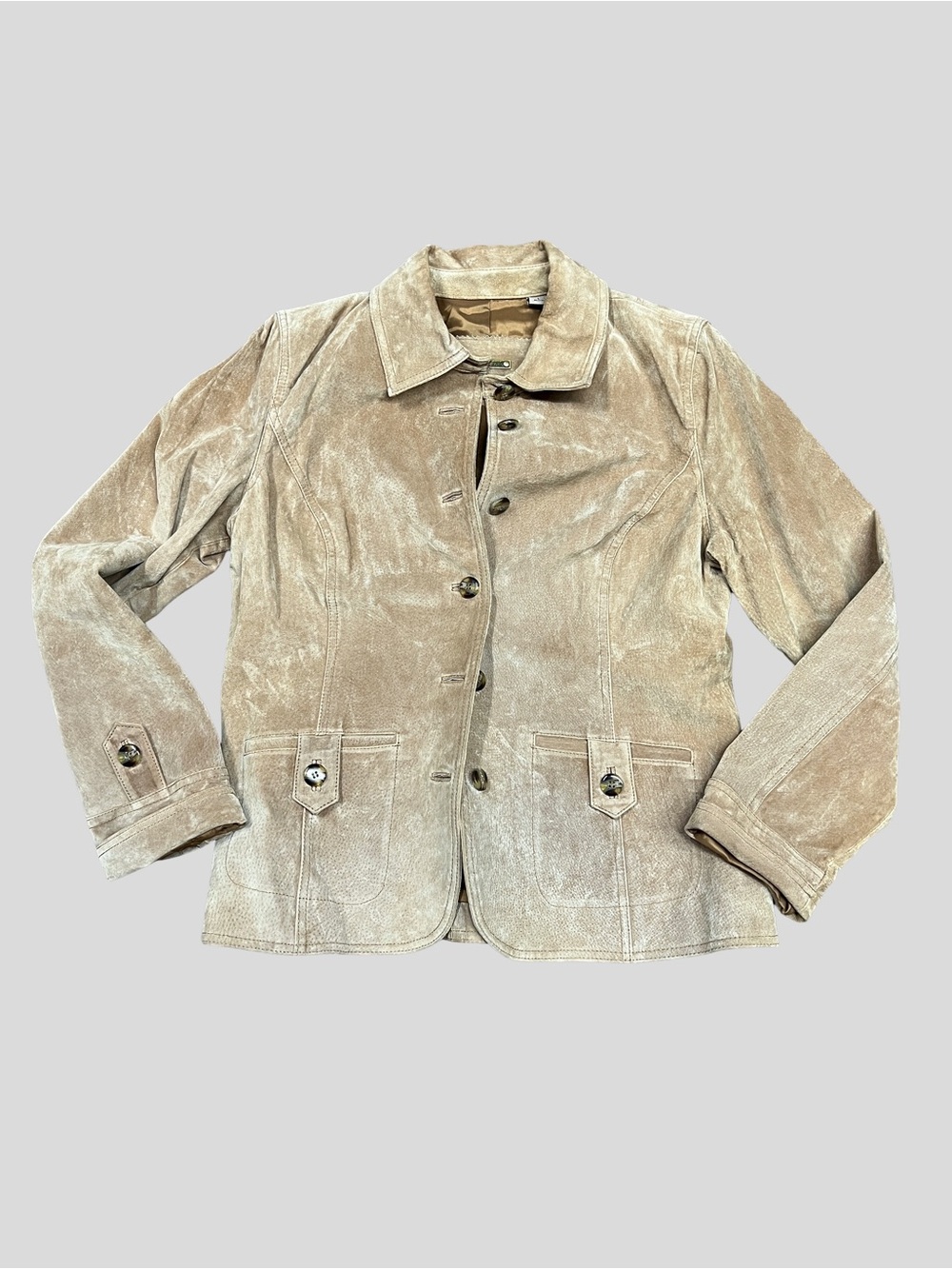 Suede-Look 100% Leather Heavyweight Tan Button-Front Blazer Jacket I.E. Relaxed